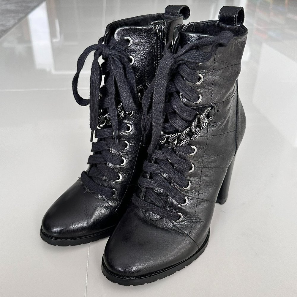 Karl Lagerfeld Black Leather Lace Up Chain Boots - Size 7